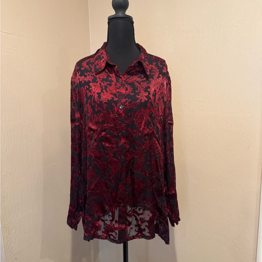 Chico's Red and Black Paisley Blouse. Sheer elegance from day to evening